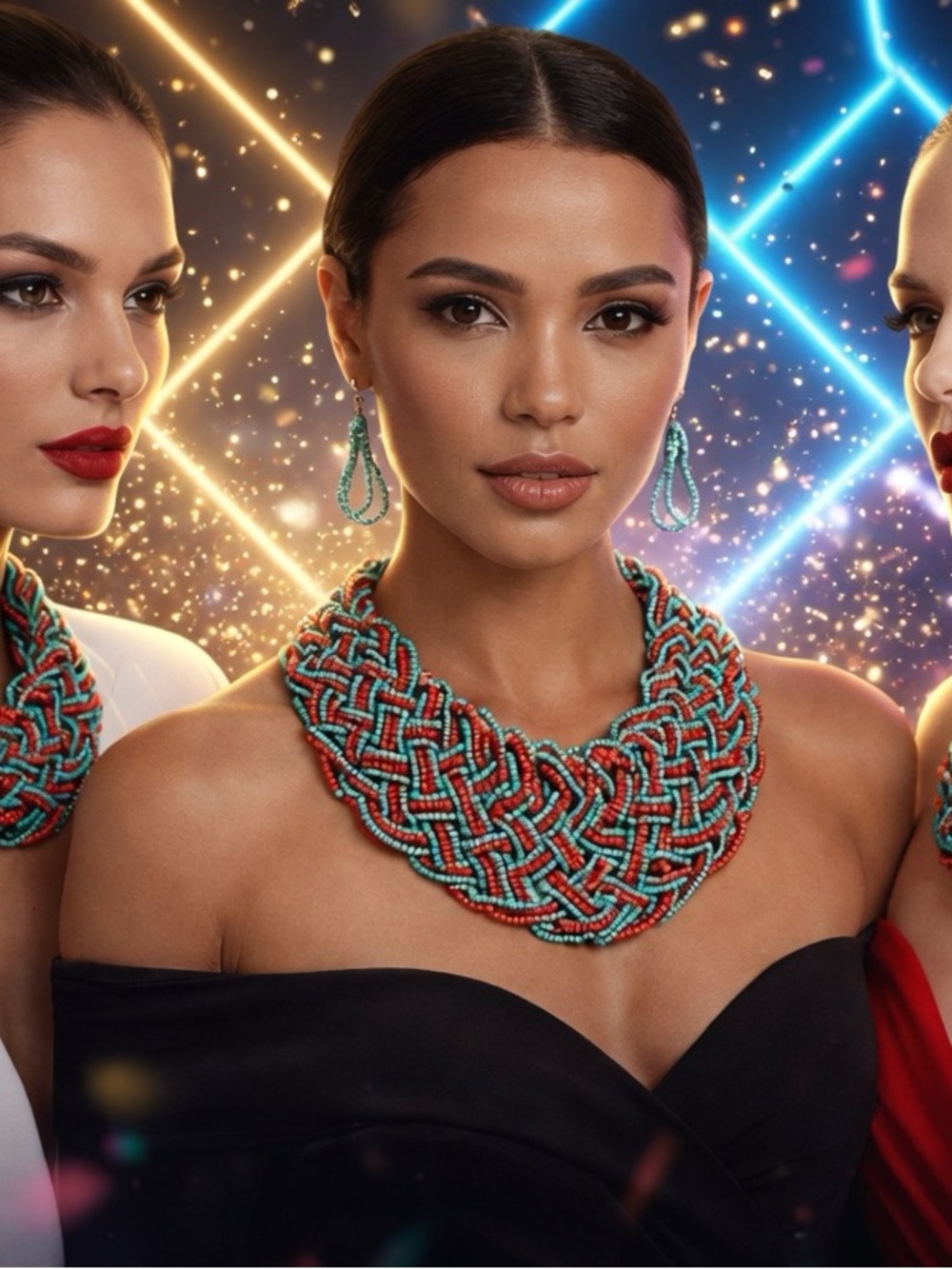 Turquoise and Red Beaded Statement Necklace and Earrings Set - Women Jewelry